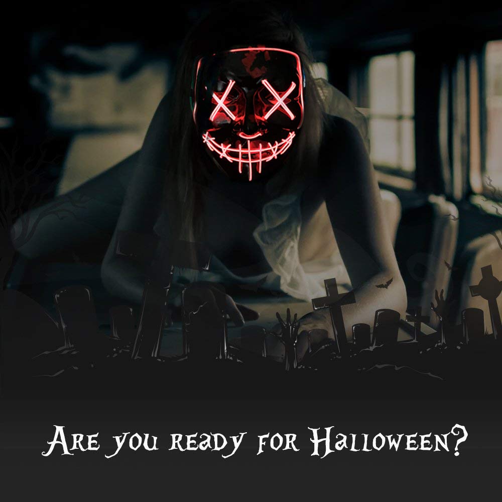 Poptrend LED Light Up Halloween Mask – 3 Modes, Padded Fit, Safe EL Wire