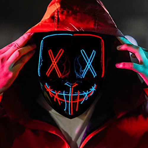 Poptrend LED Light-up Halloween Mask with 3 Modes – Red+Blue PVC & EL Wire Costume Mask