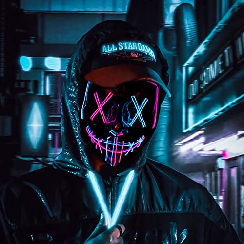 Poptrend Pink + Ice Blue LED Halloween Mask – Scary Light-Up Mask with 3 Flash Modes for Costume Parties