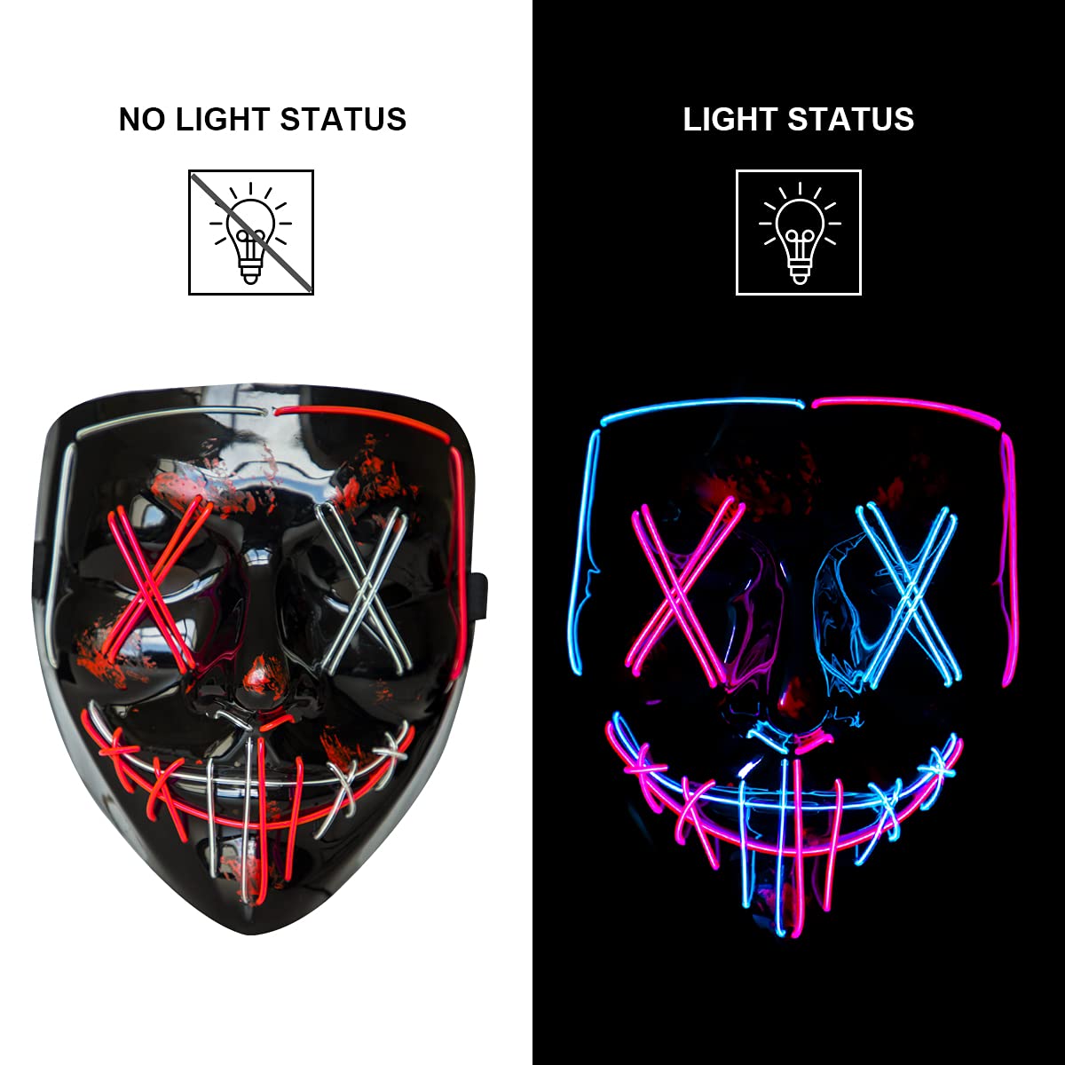 Poptrend Pink + Ice Blue LED Halloween Mask – Scary Light-Up Mask with 3 Flash Modes for Costume Parties