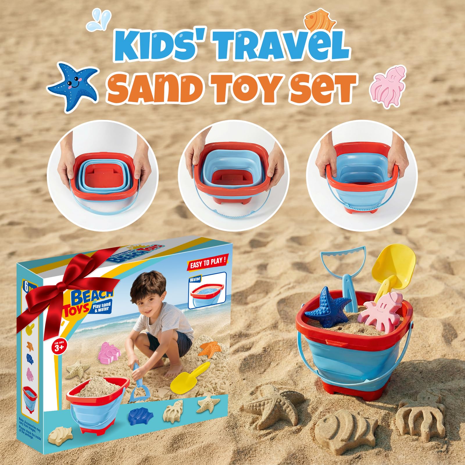 Portable Beach Sand Toys Set with Collapsible Bucket for Toddlers Ages 3-10