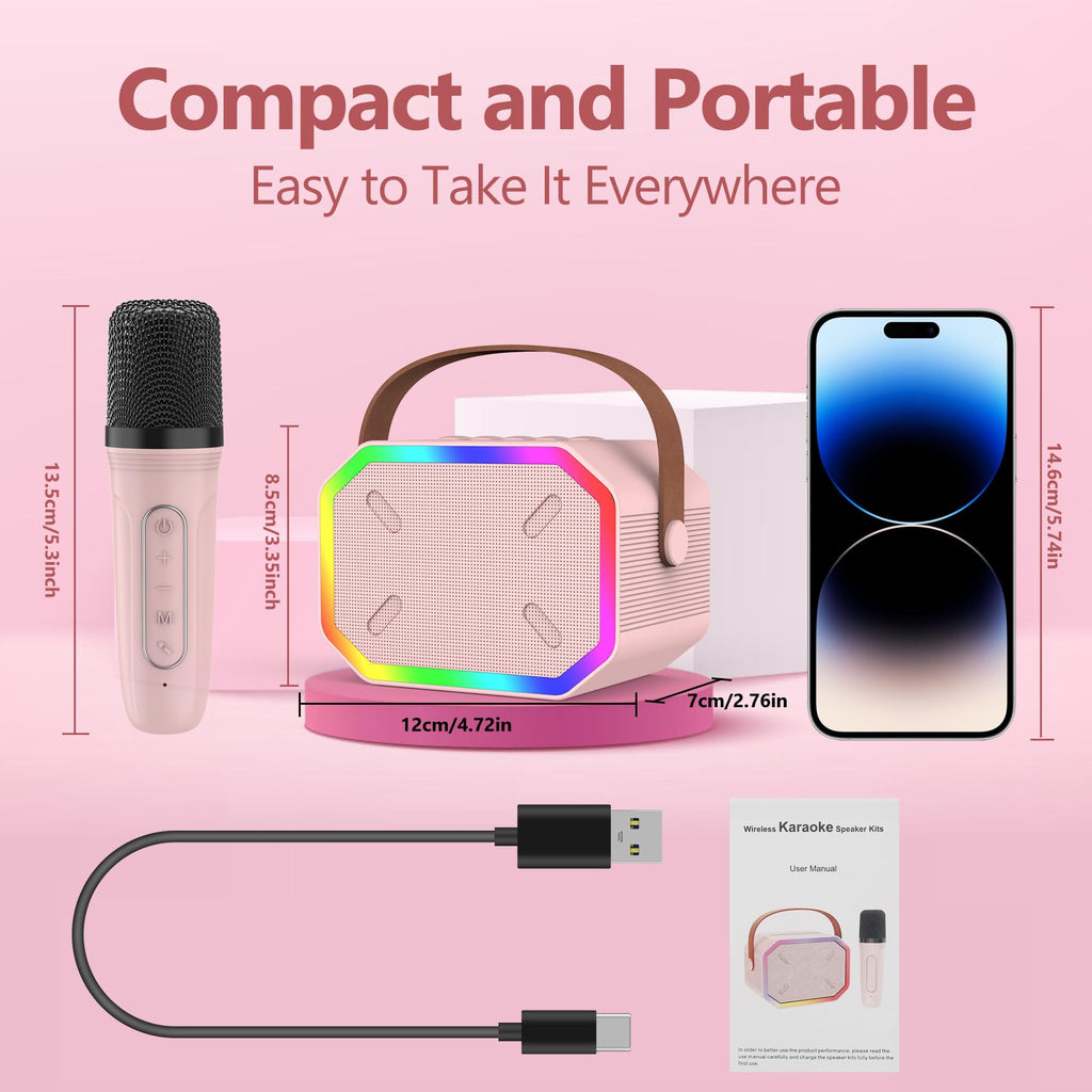 Portable Karaoke Machine for Kids & Adults – Bluetooth Speaker with Wireless Microphone, Pink