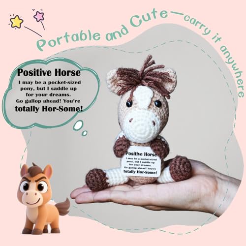 POSSHE Crochet Mini Horse Plush with Positive Card - Encouragement Gift for Friends, Coworkers, Birthday, Christmas Stocking Stuffer