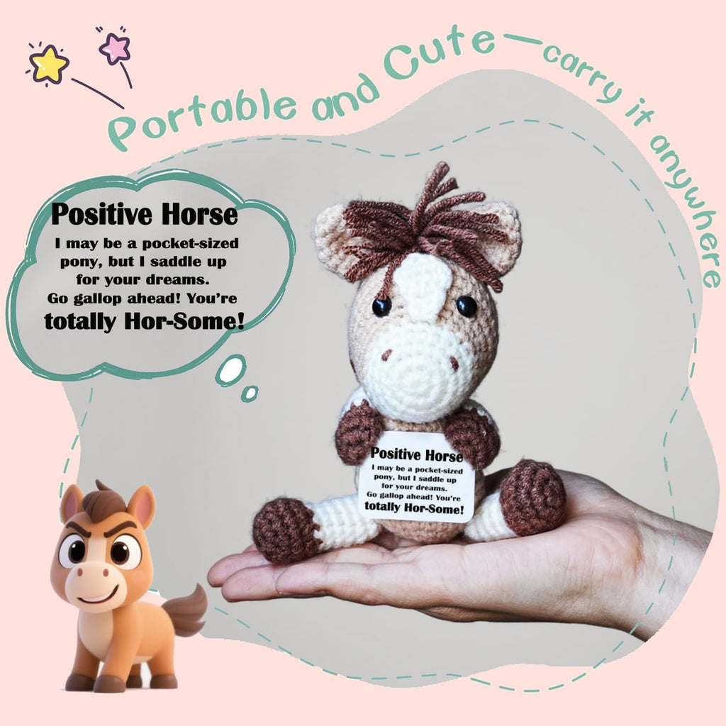POSSHE Crochet Mini Horse Plush with Positive Card - Encouragement Gift for Friends, Coworkers, Birthday, Christmas Stocking Stuffer