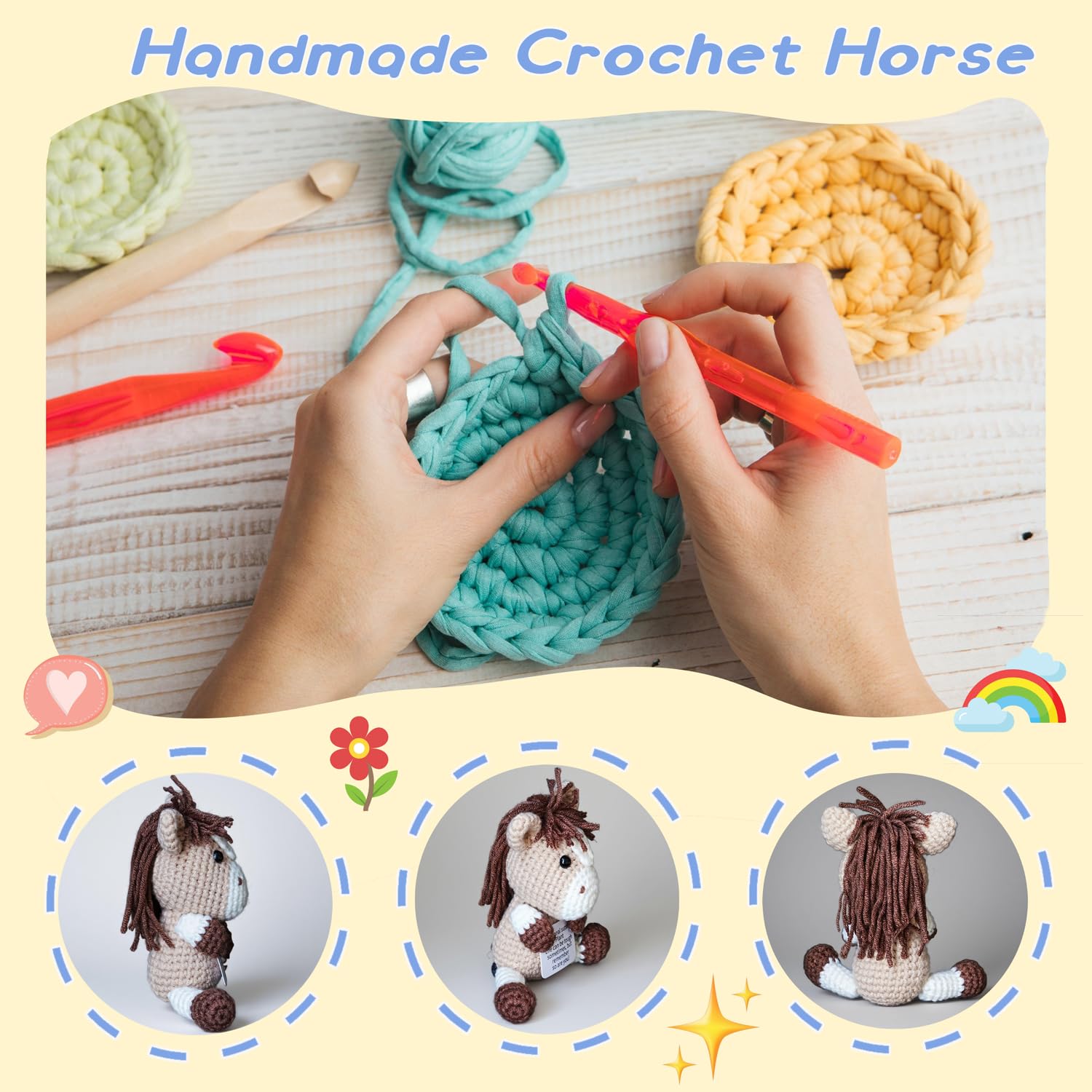 POSSHE Crochet Mini Horse Plush with Positive Card - Encouragement Gift for Friends, Coworkers, Birthday, Christmas Stocking Stuffer