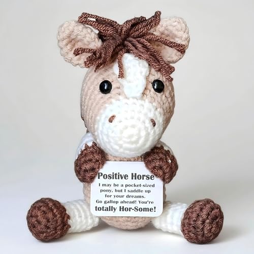 POSSHE Crochet Mini Horse Plush with Positive Card - Encouragement Gift for Friends, Coworkers, Birthday, Christmas Stocking Stuffer
