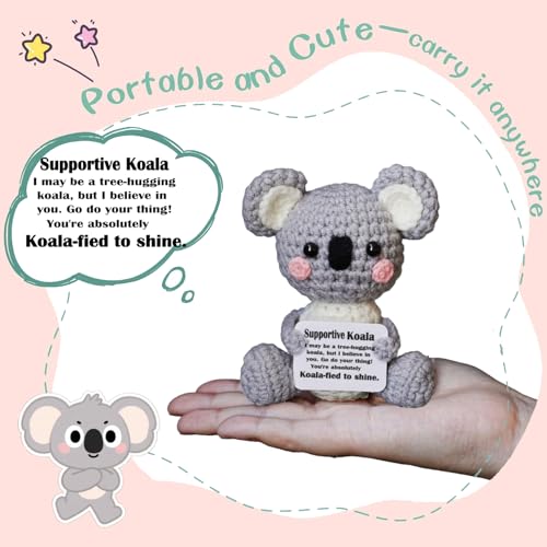 POSSHE Handmade Crochet Koala Plush - Emotional Support Gift with Positive Card, Funny Desk Companion for Friends Coworkers