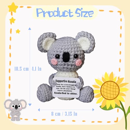 POSSHE Handmade Crochet Koala Plush - Emotional Support Gift with Positive Card, Funny Desk Companion for Friends Coworkers
