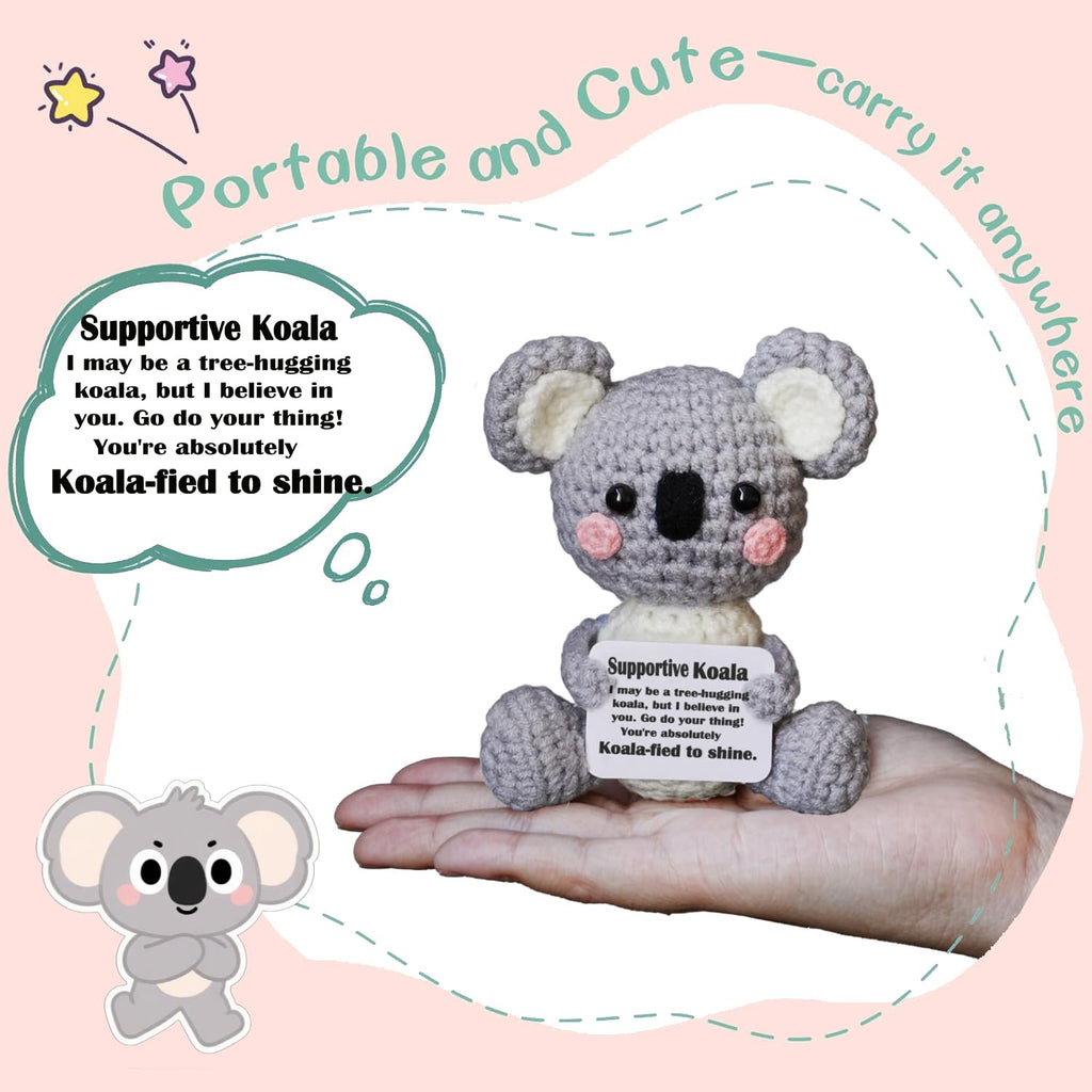 POSSHE Handmade Crochet Koala Plush - Emotional Support Gift with Positive Card, Funny Desk Companion for Friends Coworkers