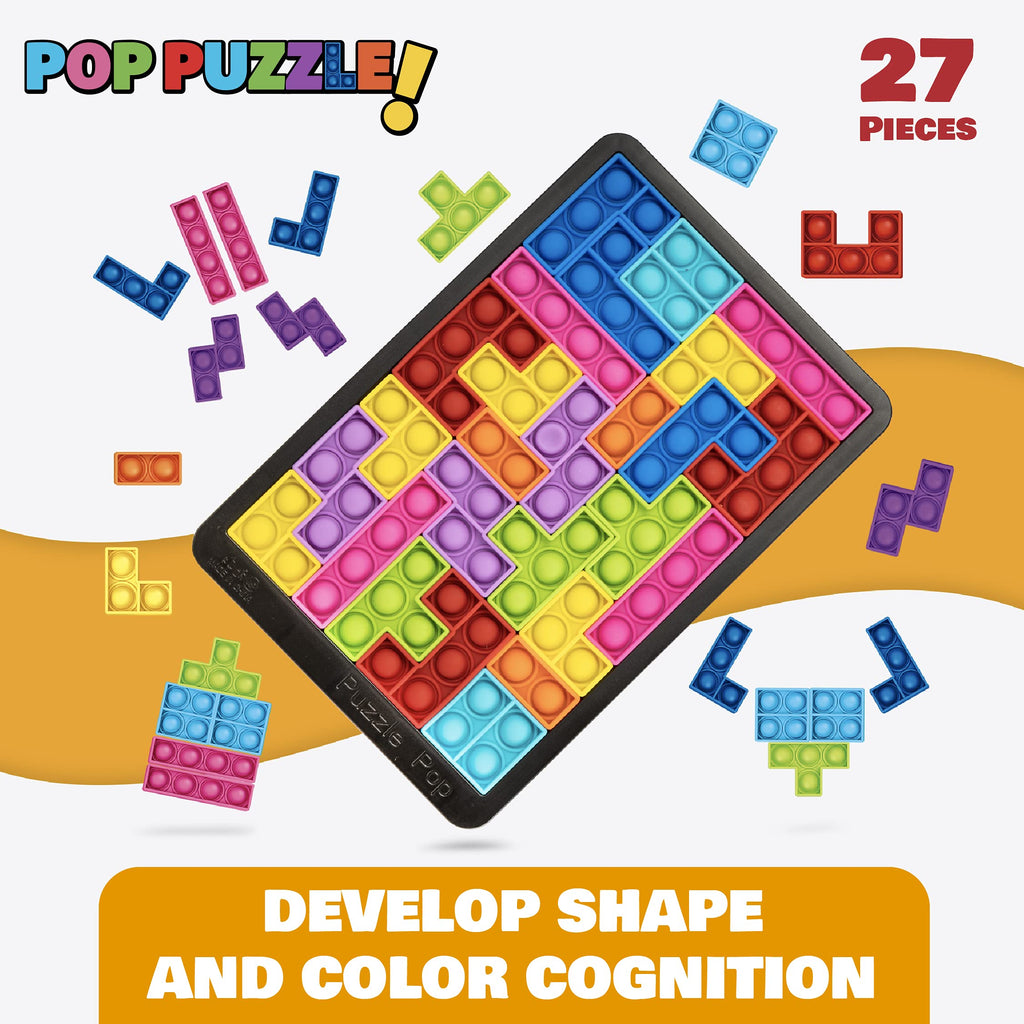 Power Your Fun Pop Puzzle Popper Fidget Game - 27pc Jigsaw Puzzle Pop It Toy for Kids and Adults, Stress Relief, STEM Learning, Non-Toxic Silicone, Black