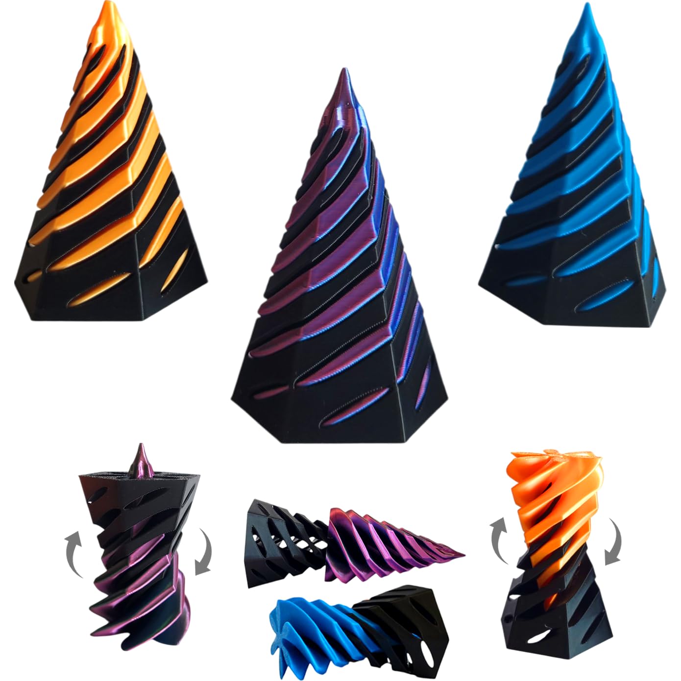 PowerTRC 3D Printed Impossible Pyramid Passthrough Toy Set of 3 – Optical Illusion Desk Fidget Toy (Orange, Blue, Tri-Color)