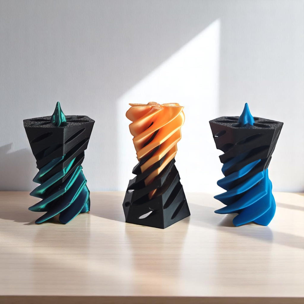PowerTRC 3D Printed Impossible Pyramid Passthrough Toy Set of 3 – Optical Illusion Desk Fidget Toy (Orange, Blue, Tri-Color)
