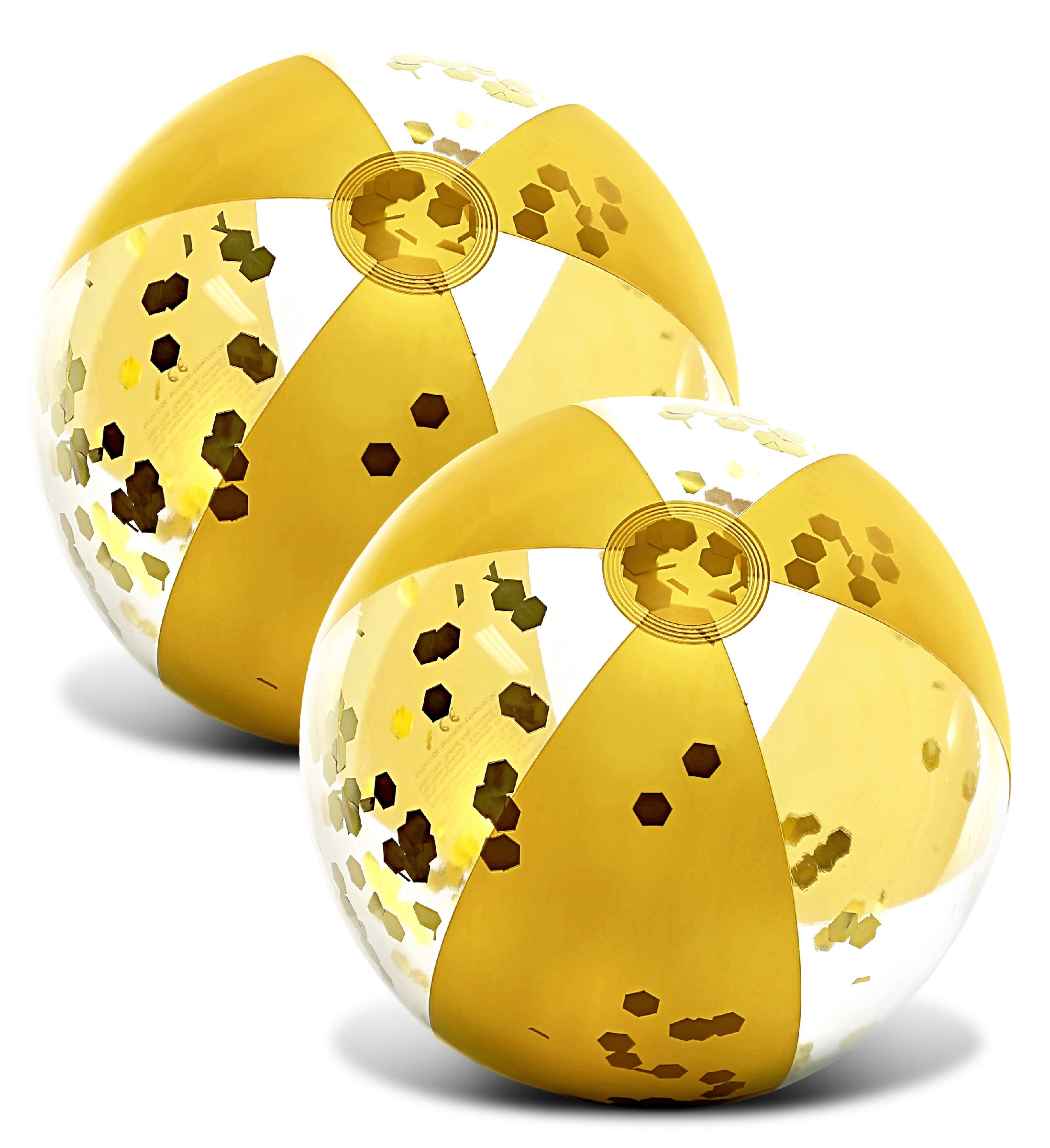 POZA Gold Inflatable Beach Balls 2-Pack – 16-Inch PVC Confetti Pool Toys for Kids & Adults