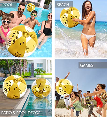POZA Gold Inflatable Beach Balls 2-Pack – 16-Inch PVC Confetti Pool Toys for Kids & Adults