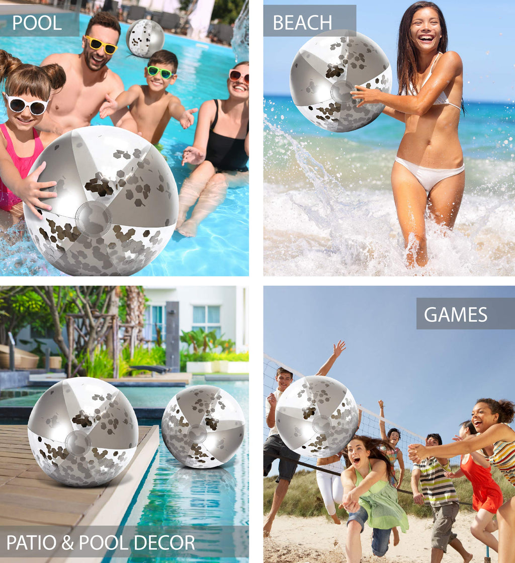 POZA Inflatable Beach Balls – 2 Pack Silver Glitter Confetti, 16-Inch Heavy Duty PVC Pool Toys for Kids and Adults