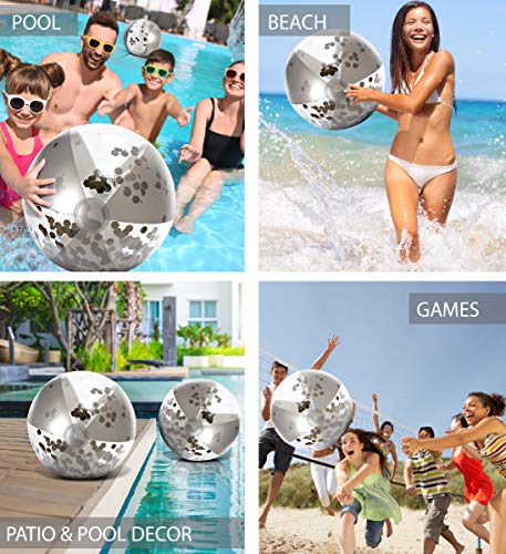 POZA Inflatable Beach Balls – 2 Pack Silver Glitter Confetti, 16-Inch Heavy Duty PVC Pool Toys for Kids and Adults