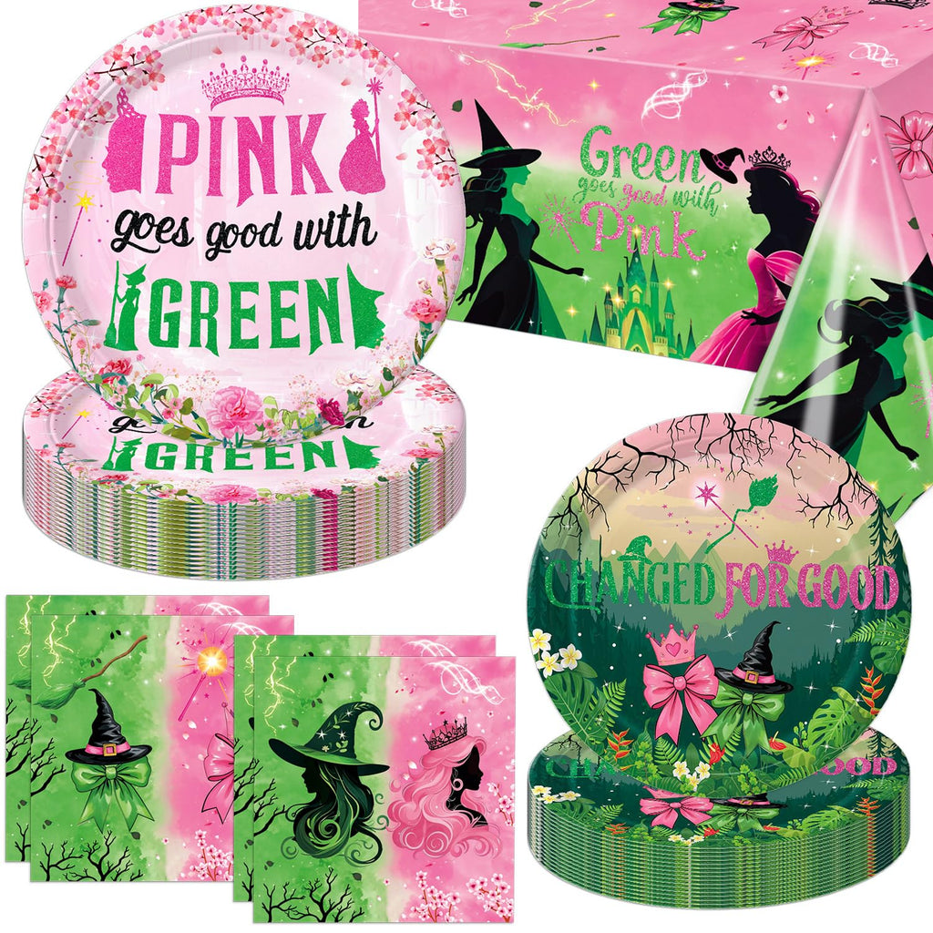 Practice Star 41pcs Witch Party Decorations: Pink & Green Plates, Napkins, Tablecloth