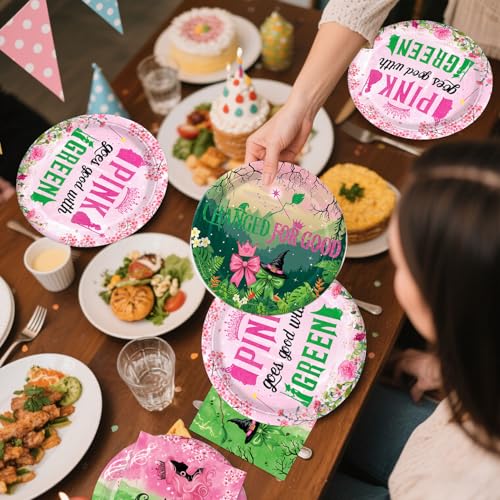 Practice Star 41pcs Witch Party Decorations: Pink & Green Plates, Napkins, Tablecloth