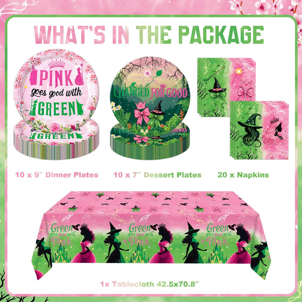 Practice Star 41pcs Witch Party Decorations: Pink & Green Plates, Napkins, Tablecloth