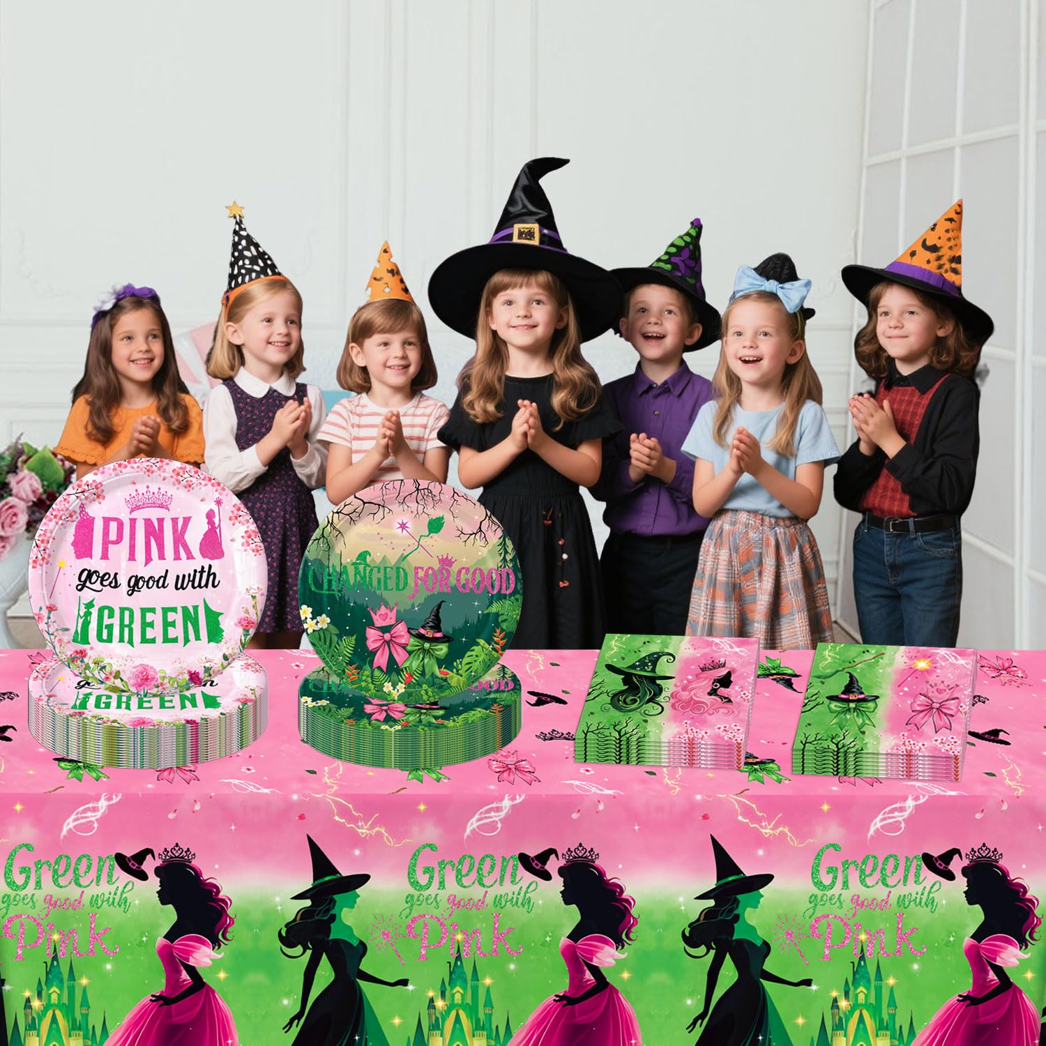 Practice Star 41pcs Witch Party Decorations: Pink & Green Plates, Napkins, Tablecloth