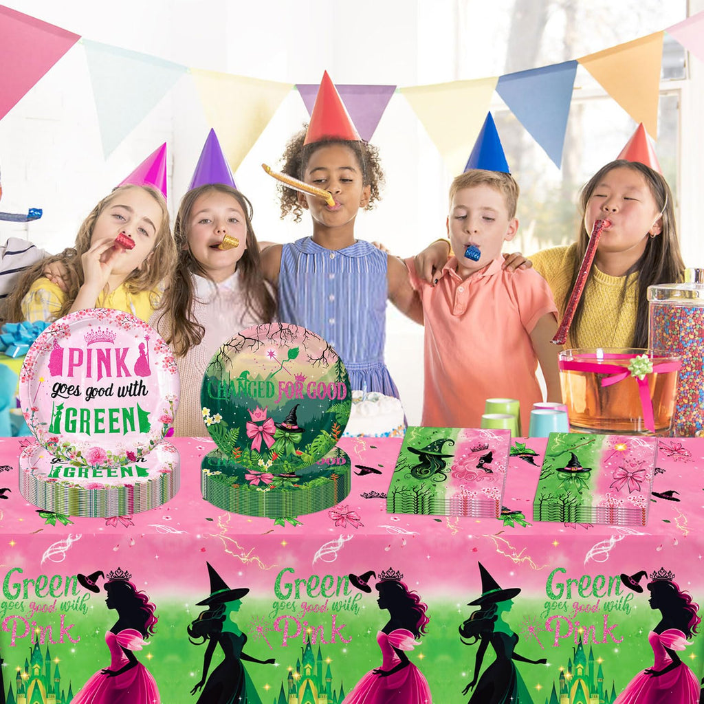 Practice Star 41pcs Witch Party Decorations: Pink & Green Plates, Napkins, Tablecloth