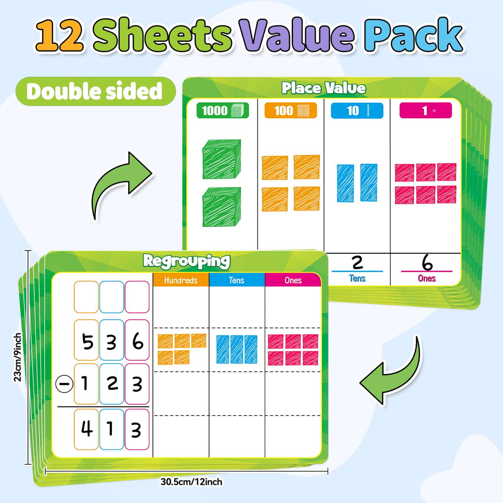 PraxiKidy Place Value Dry Erase Flash Cards – 12 Pack, 9x12 Inches, Double-Sided for Regrouping Practice