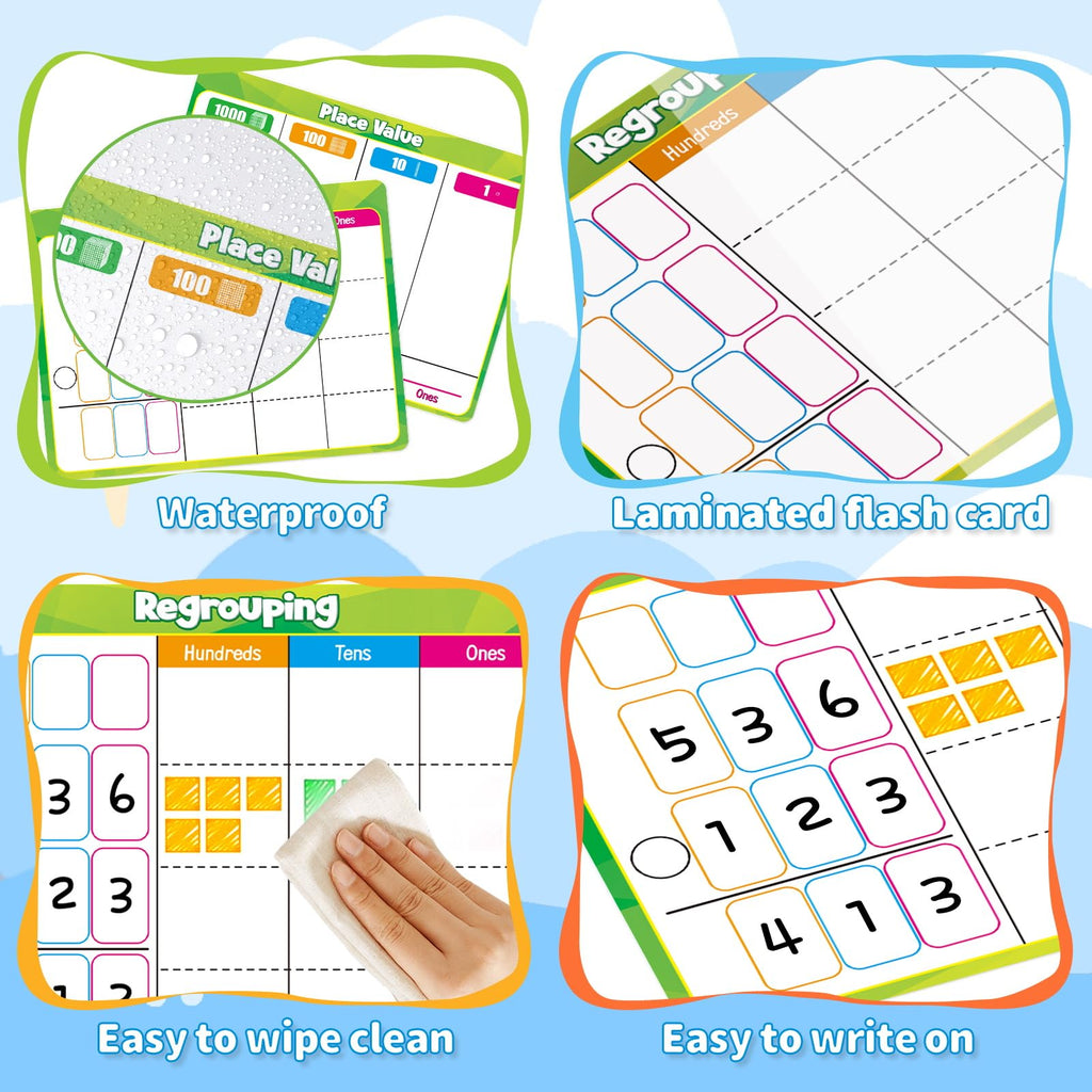 PraxiKidy Place Value Dry Erase Flash Cards – 12 Pack, 9x12 Inches, Double-Sided for Regrouping Practice