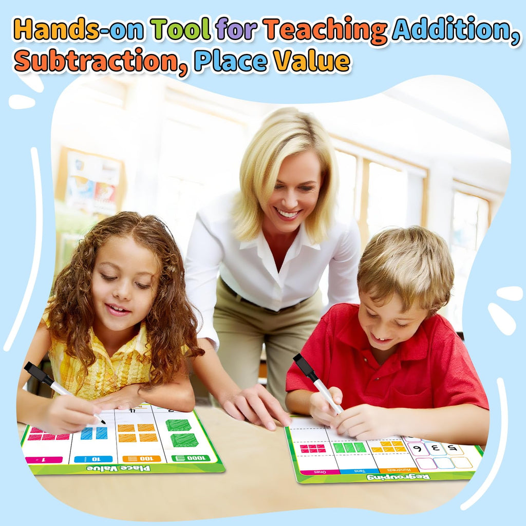 PraxiKidy Place Value Dry Erase Flash Cards – 12 Pack, 9x12 Inches, Double-Sided for Regrouping Practice