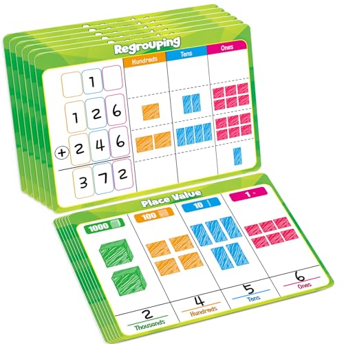 PraxiKidy Place Value Dry Erase Flash Cards – 12 Pack, 9x12 Inches, Double-Sided for Regrouping Practice