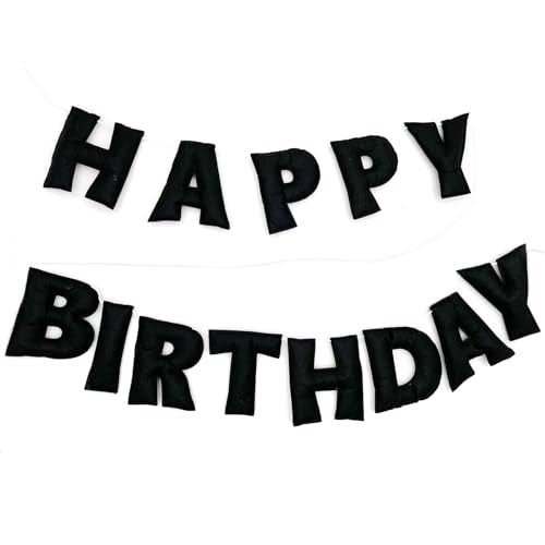 Pre-Strung Black Felt Happy Birthday Banner, Reusable 3D Wool Felt Garland for Party Decor, Indoor Outdoor