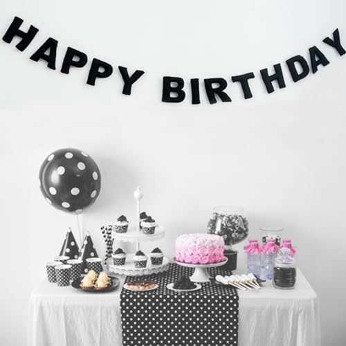 Pre-Strung Black Felt Happy Birthday Banner, Reusable 3D Wool Felt Garland for Party Decor, Indoor Outdoor