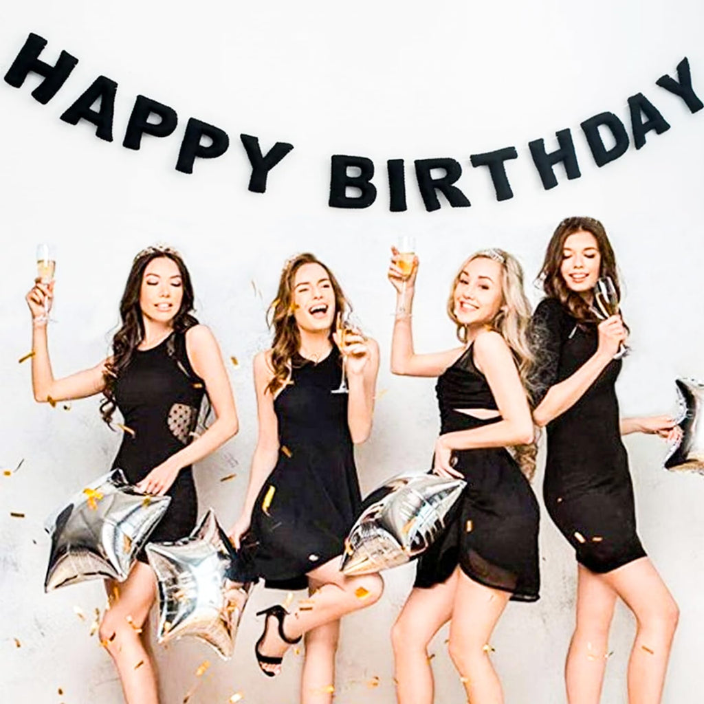 Pre-Strung Black Felt Happy Birthday Banner, Reusable 3D Wool Felt Garland for Party Decor, Indoor Outdoor