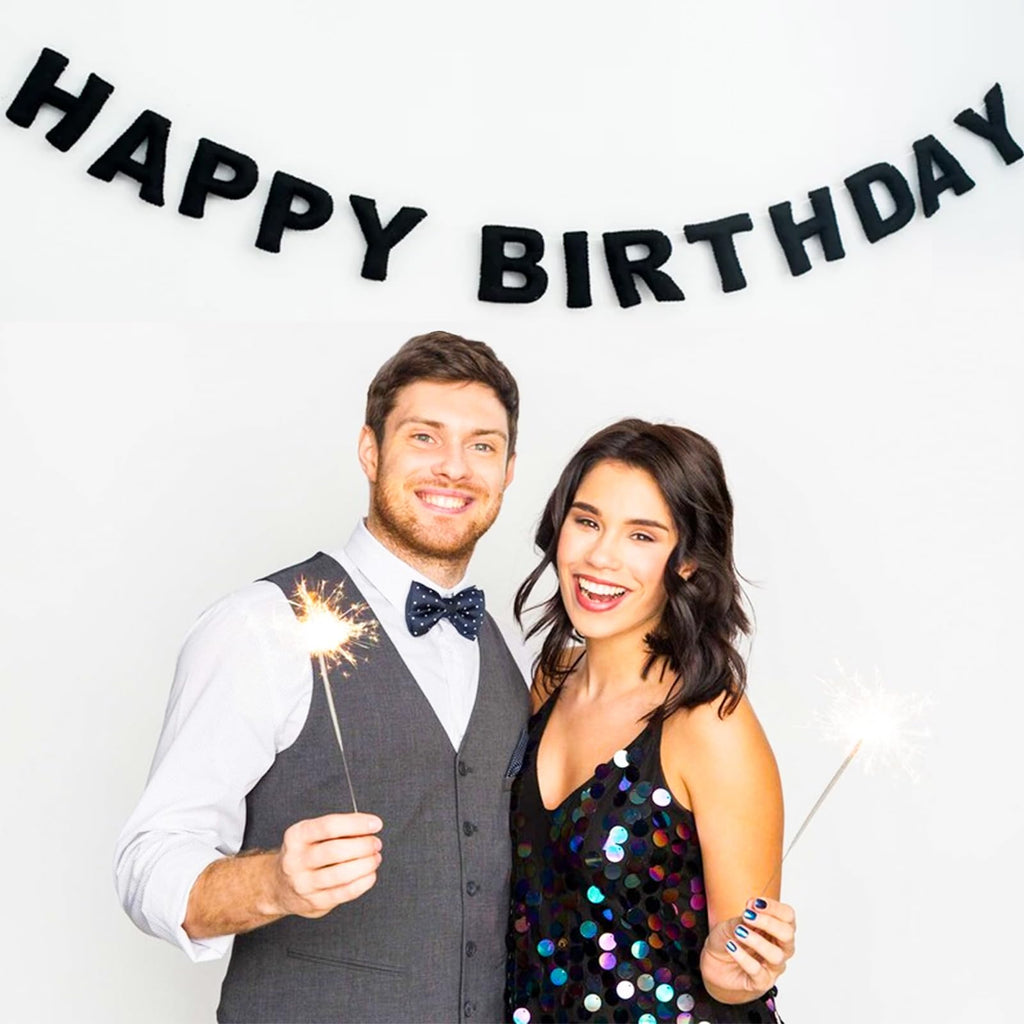 Pre-Strung Black Felt Happy Birthday Banner, Reusable 3D Wool Felt Garland for Party Decor, Indoor Outdoor