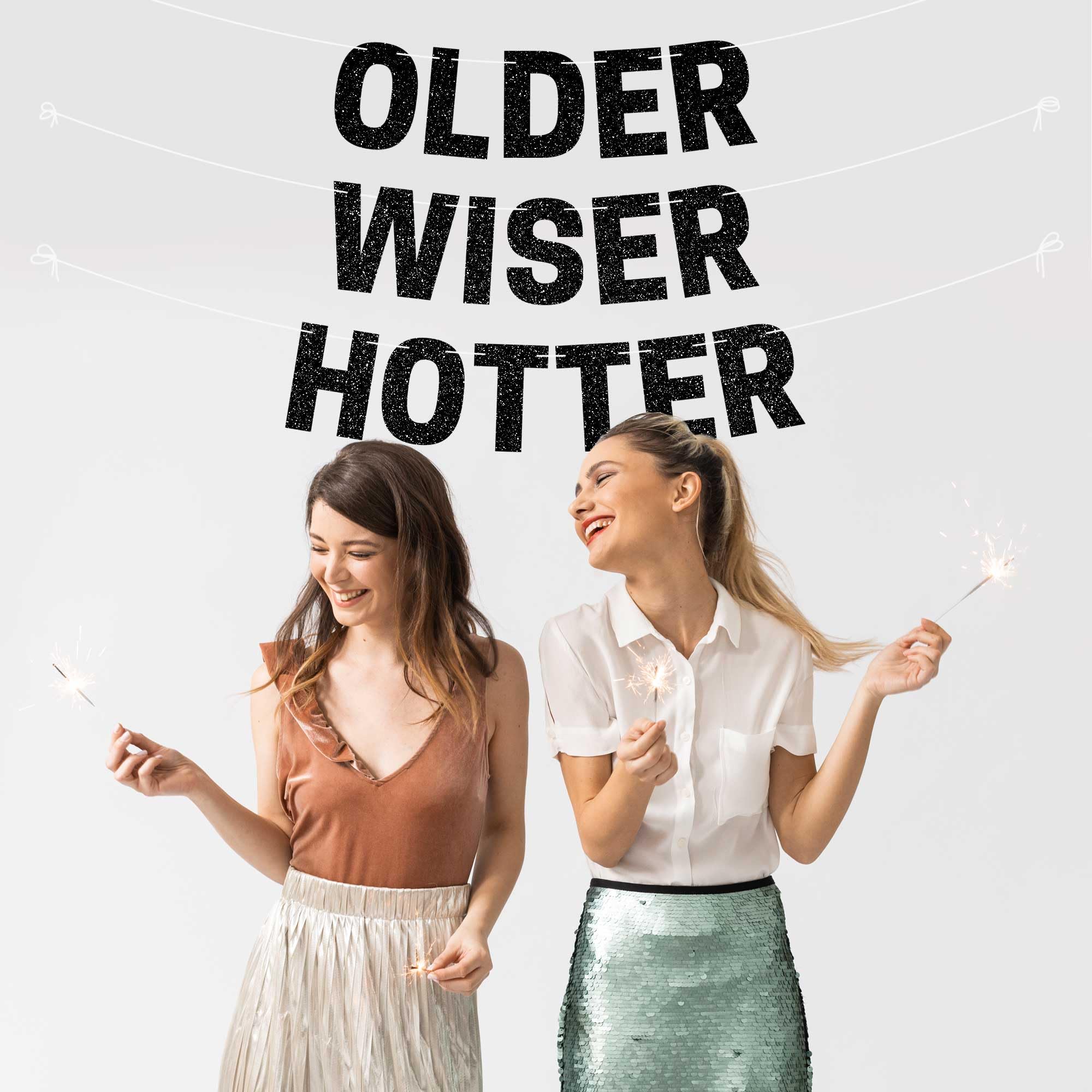 Pre-Strung 'Older Wiser Hotter' Birthday Banner – Black Glitter, No DIY, 8 ft Strands