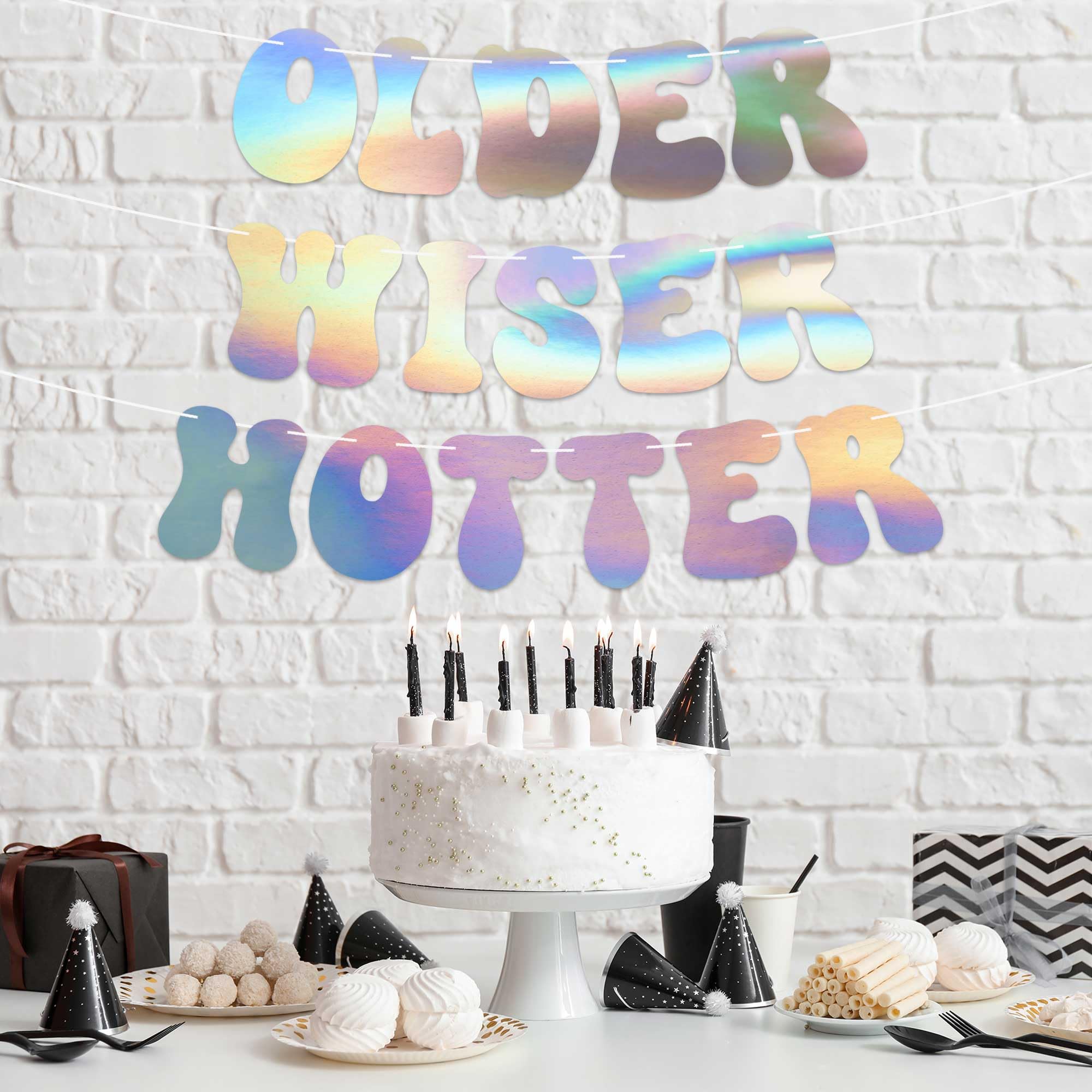 Pre-Strung Older Wiser Hotter Birthday Banner – Iridescent Holographic Foil, 8 ft Strand, No DIY Required