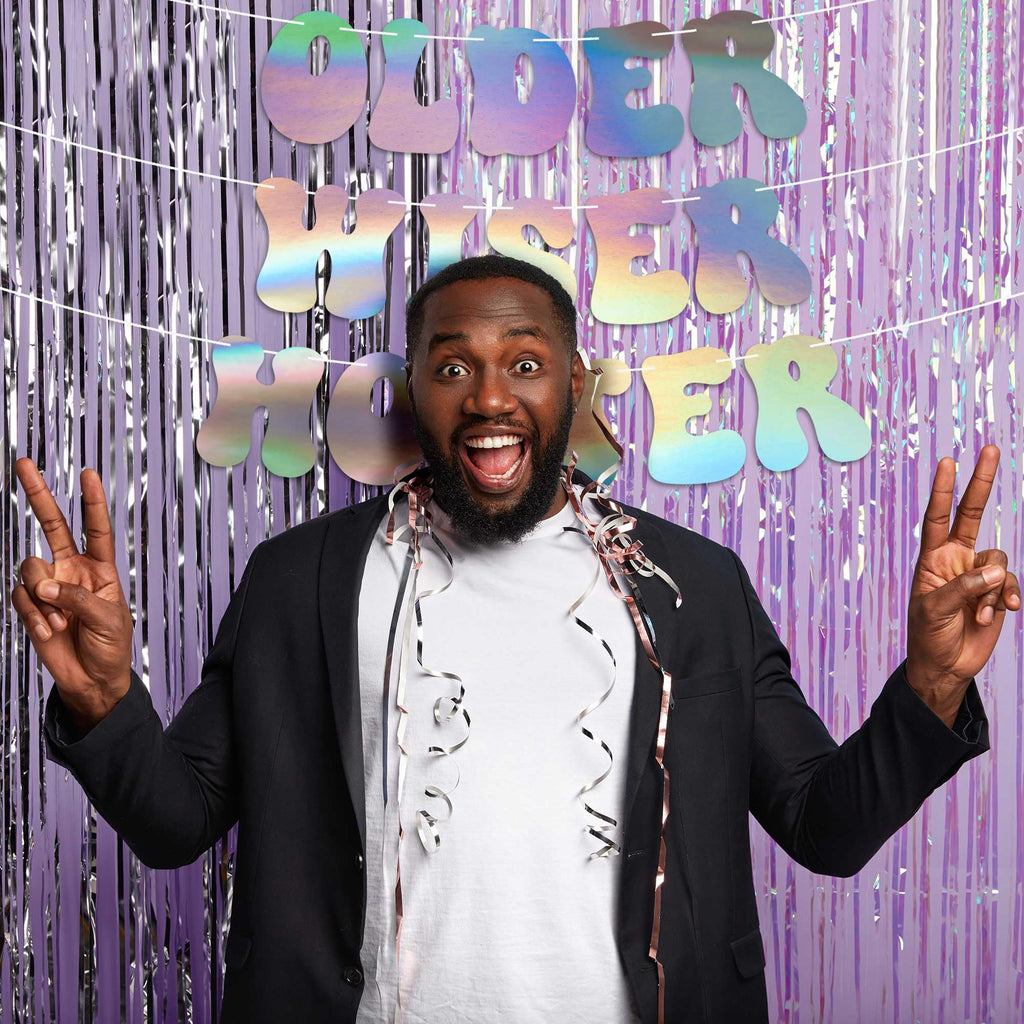 Pre-Strung Older Wiser Hotter Birthday Banner – Iridescent Holographic Foil, 8 ft Strand, No DIY Required