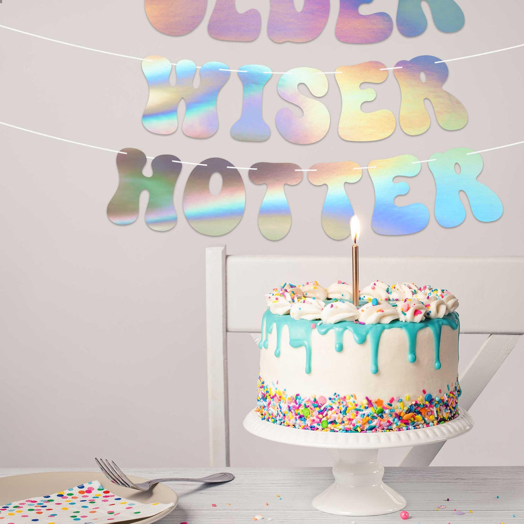 Pre-Strung Older Wiser Hotter Birthday Banner – Iridescent Holographic Foil, 8 ft Strand, No DIY Required