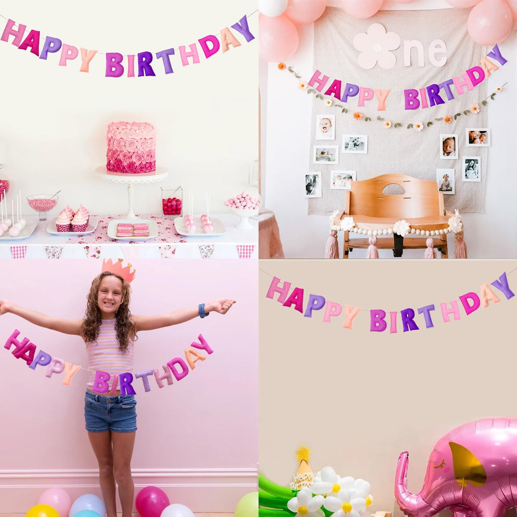 Pre-Strung Pink Felt Happy Birthday Banner - Reusable Wool Felt Garland with 3D Letters - Ready to Hang, 6.56ft