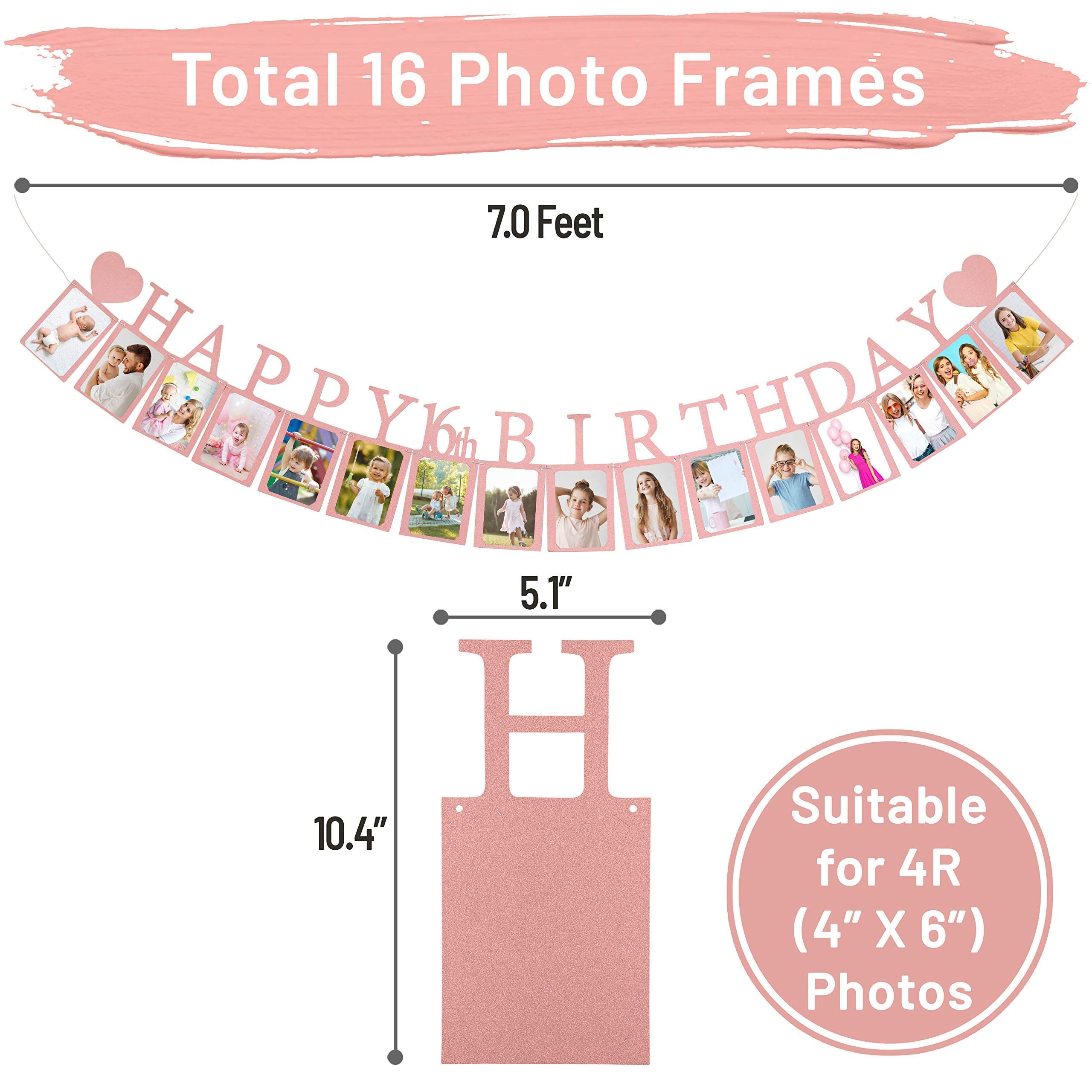 Pre-Strung Sweet 16 Photo Banner in Rose Gold – 16 Card Frames for 4x6 Photos – PartyHooman