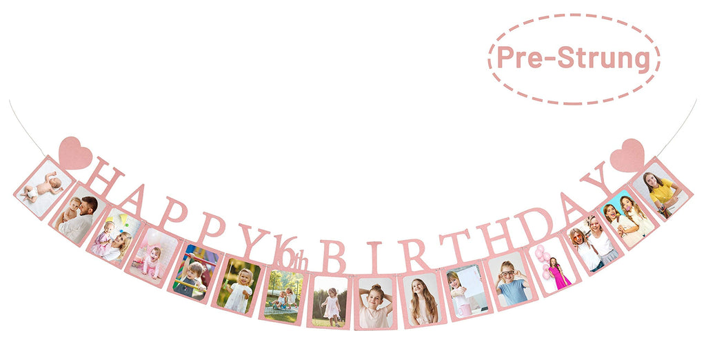 Pre-Strung Sweet 16 Photo Banner in Rose Gold – 16 Card Frames for 4x6 Photos – PartyHooman