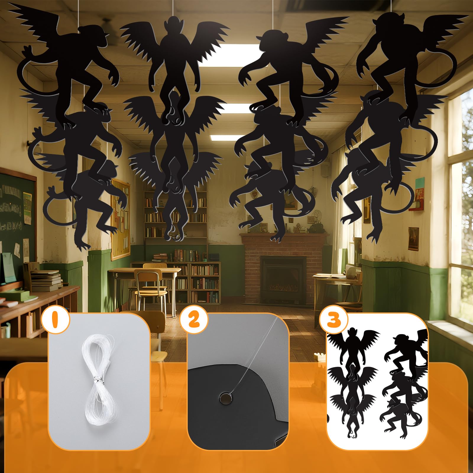 Preboun 15-Pack Hanging Wizard Monkey Decorations - Black Paper Banner for Halloween Party Ceiling Decor