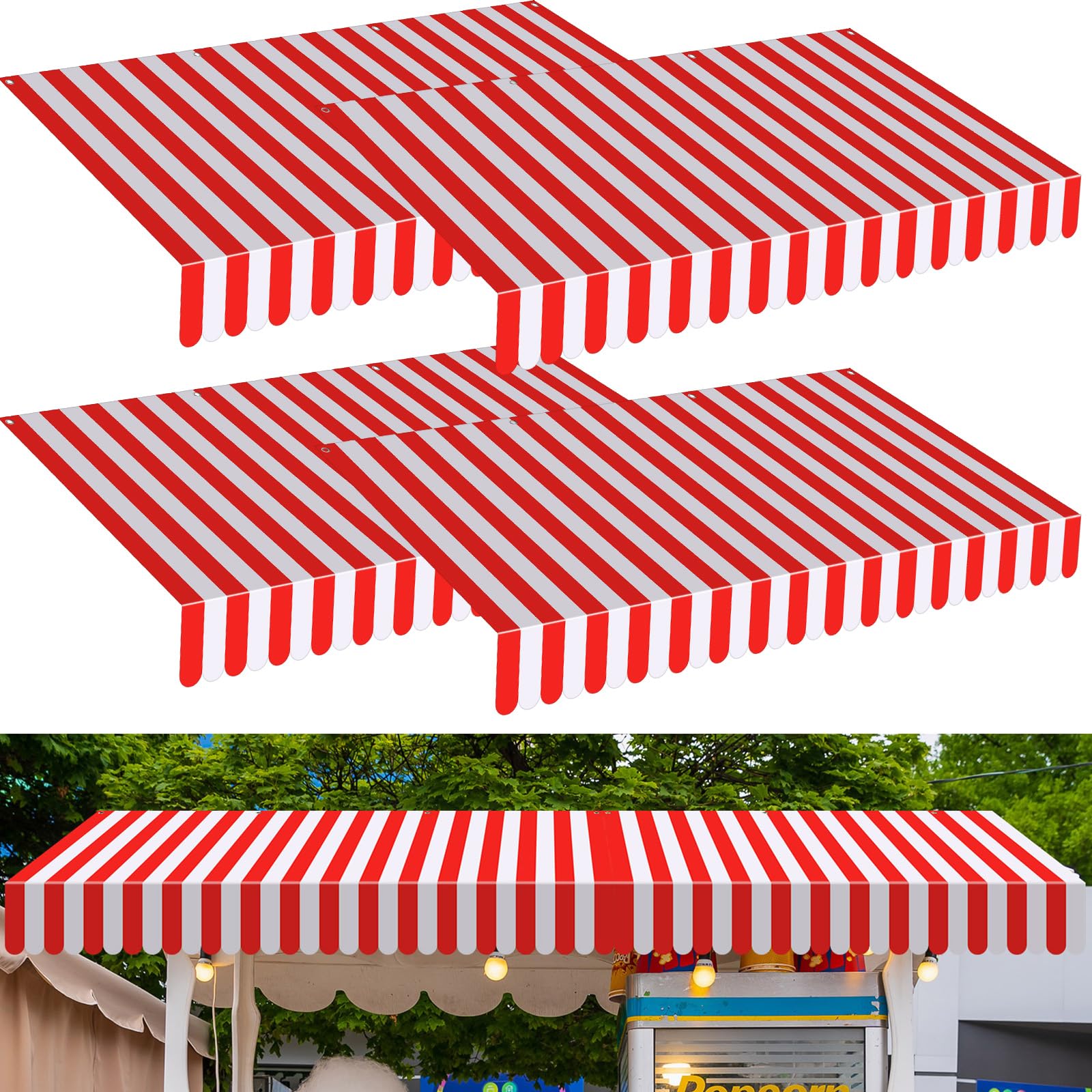 Preboun 2-Pack Circus Awning Decorations - 27.6x59 Inch Red and White Striped Carnival Tent Wall Decor for Party Photo Backdrop