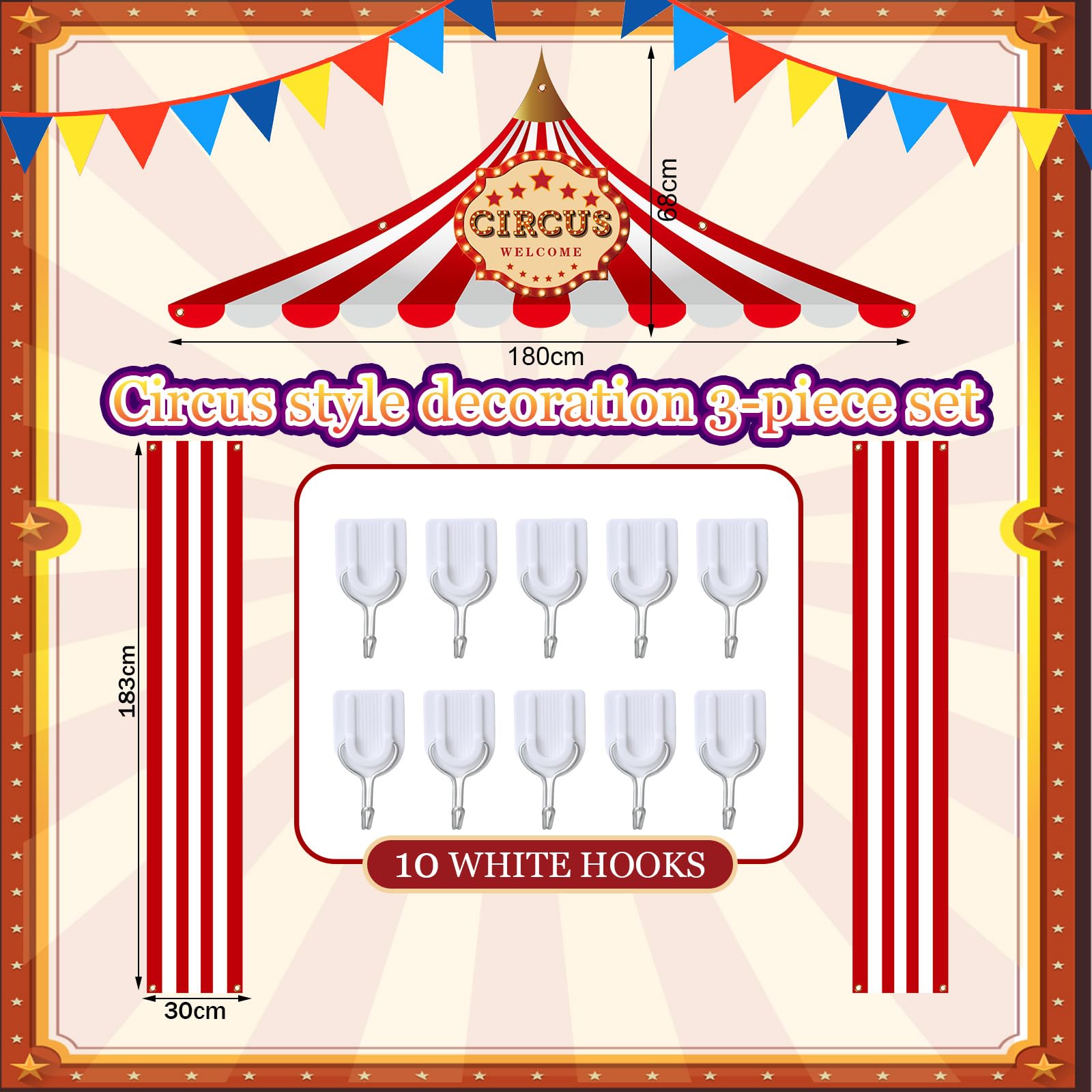Preboun 3 Pcs Circus Tent Decorations Set - Carnival Party Banner, Striped Pennant, Clown Birthday Decor