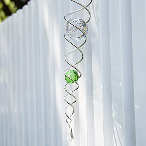 Prefdo 12" Green Gazing Ball Wind Spinner – Stainless Steel Spiral Tail with 2 K9 Crystal Prism Balls for Garden Decor