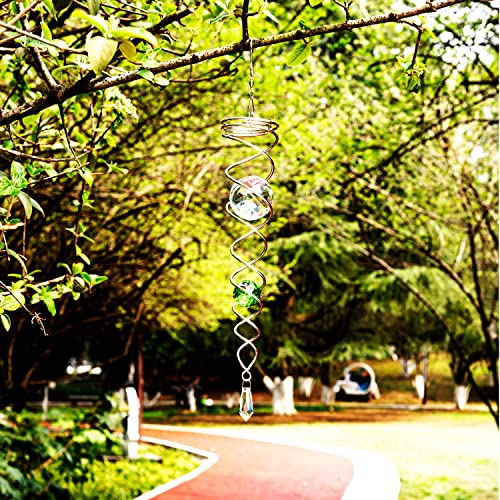 Prefdo 12" Green Gazing Ball Wind Spinner – Stainless Steel Spiral Tail with 2 K9 Crystal Prism Balls for Garden Decor