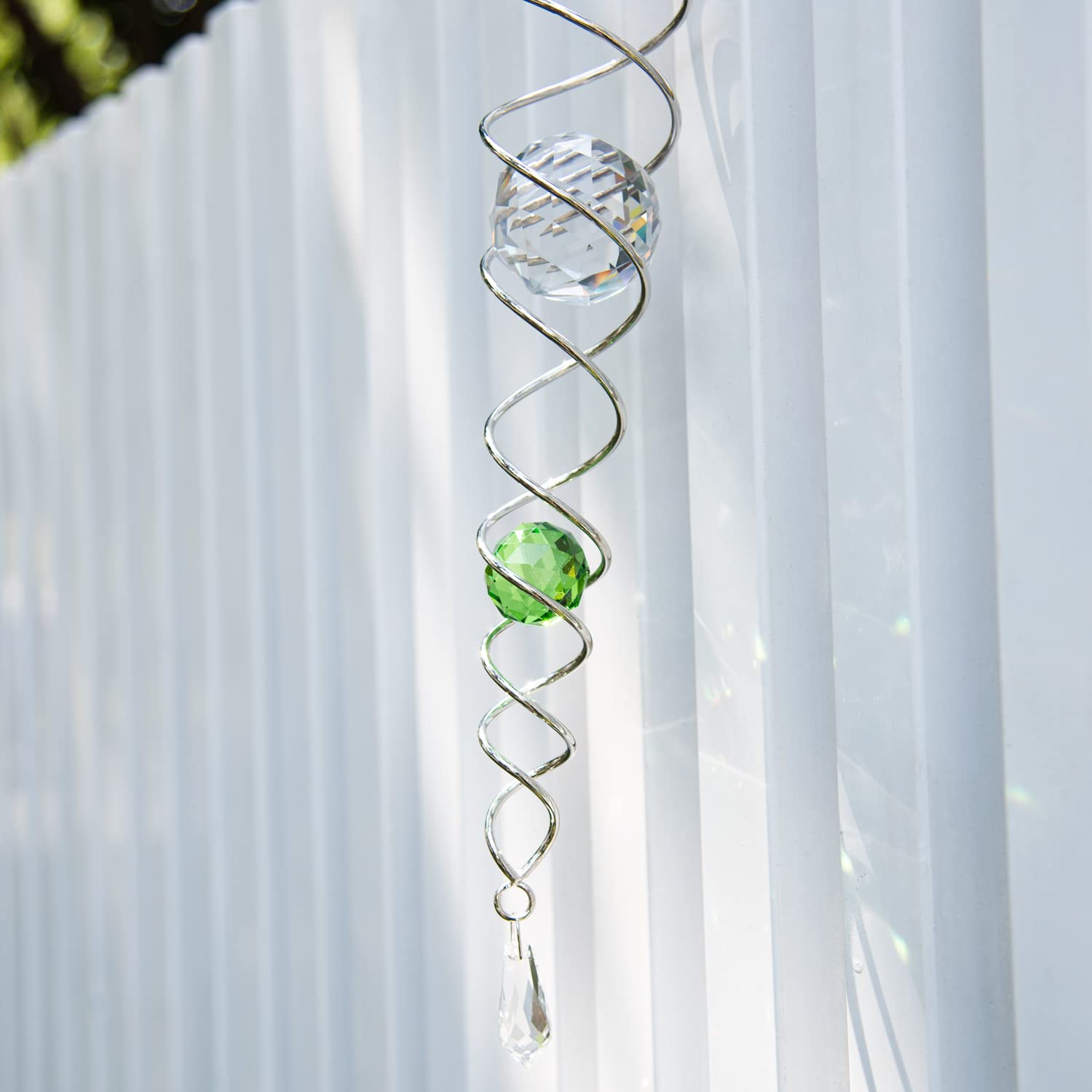 Prefdo 12" Green Gazing Ball Wind Spinner – Stainless Steel Spiral Tail with 2 K9 Crystal Prism Balls for Garden Decor