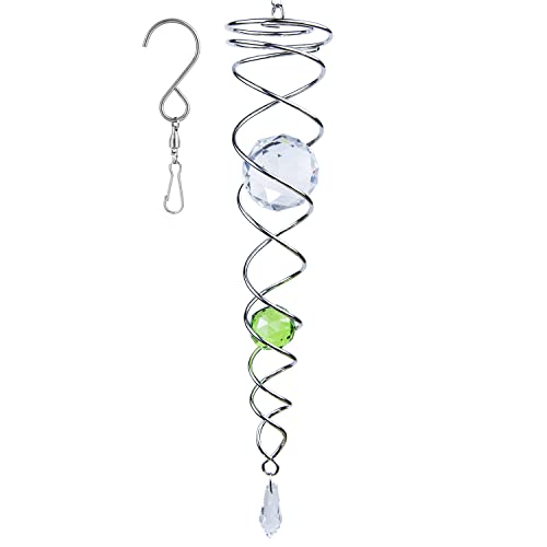 Prefdo 12" Green Gazing Ball Wind Spinner – Stainless Steel Spiral Tail with 2 K9 Crystal Prism Balls for Garden Decor