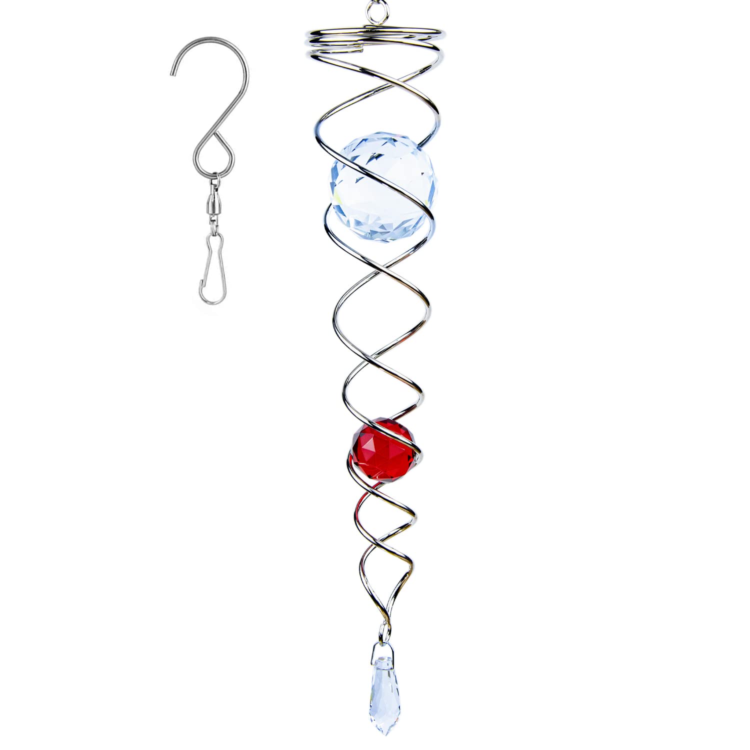 Prefdo 12-Inch Stainless Steel Wind Spinner with Two K9 Crystal Glass Balls - Red Spiral Tail for Garden Decor