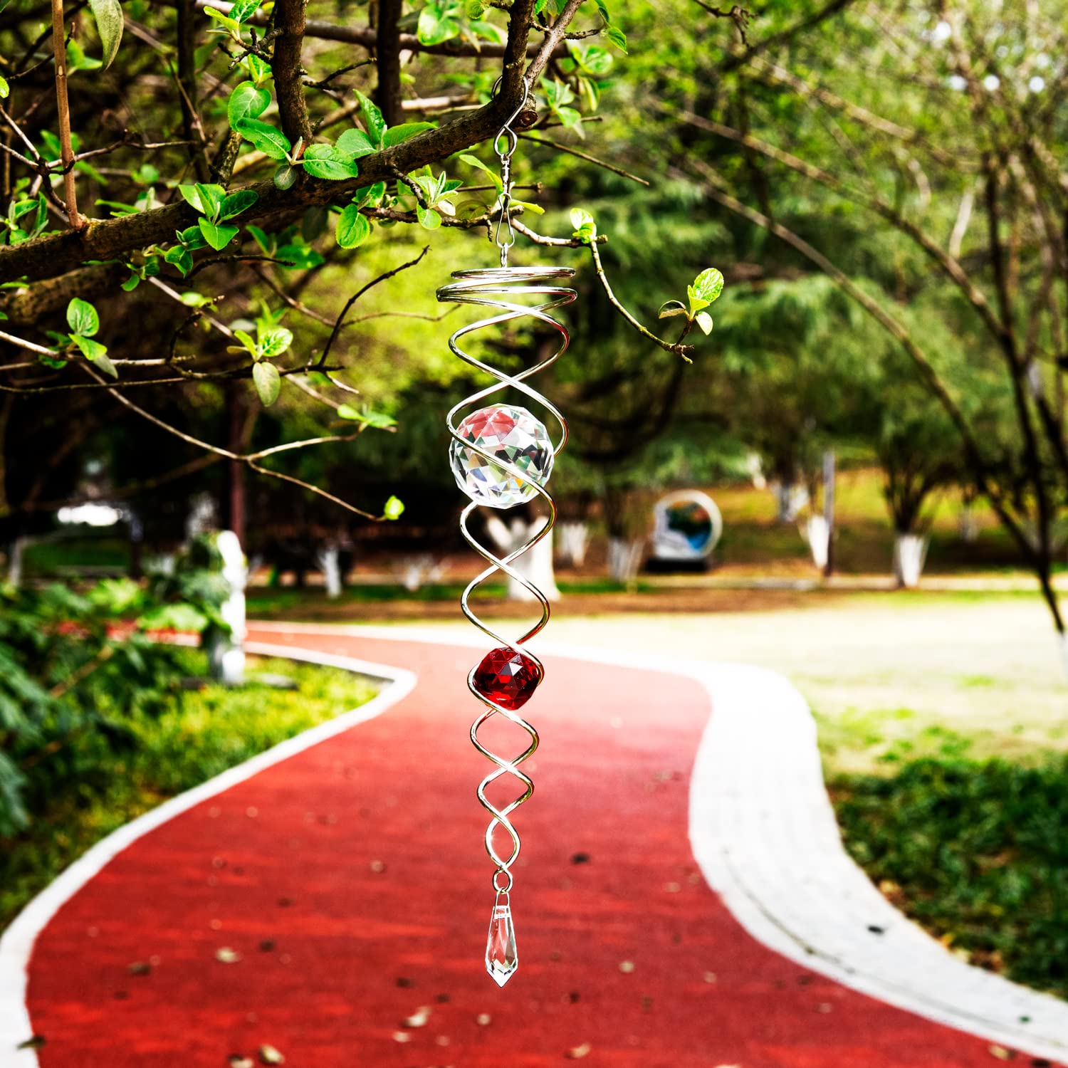 Prefdo 12-Inch Stainless Steel Wind Spinner with Two K9 Crystal Glass Balls - Red Spiral Tail for Garden Decor
