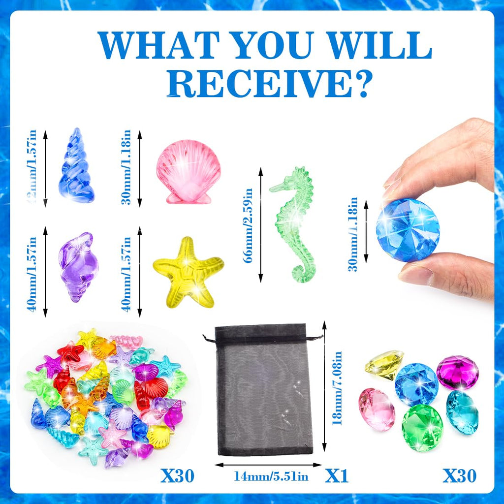 Prehalpty 60-Piece Diving Pool Toys Set: Acrylic Gems & Sea Creatures for Underwater Treasure Hunts, Includes Mesh Bag